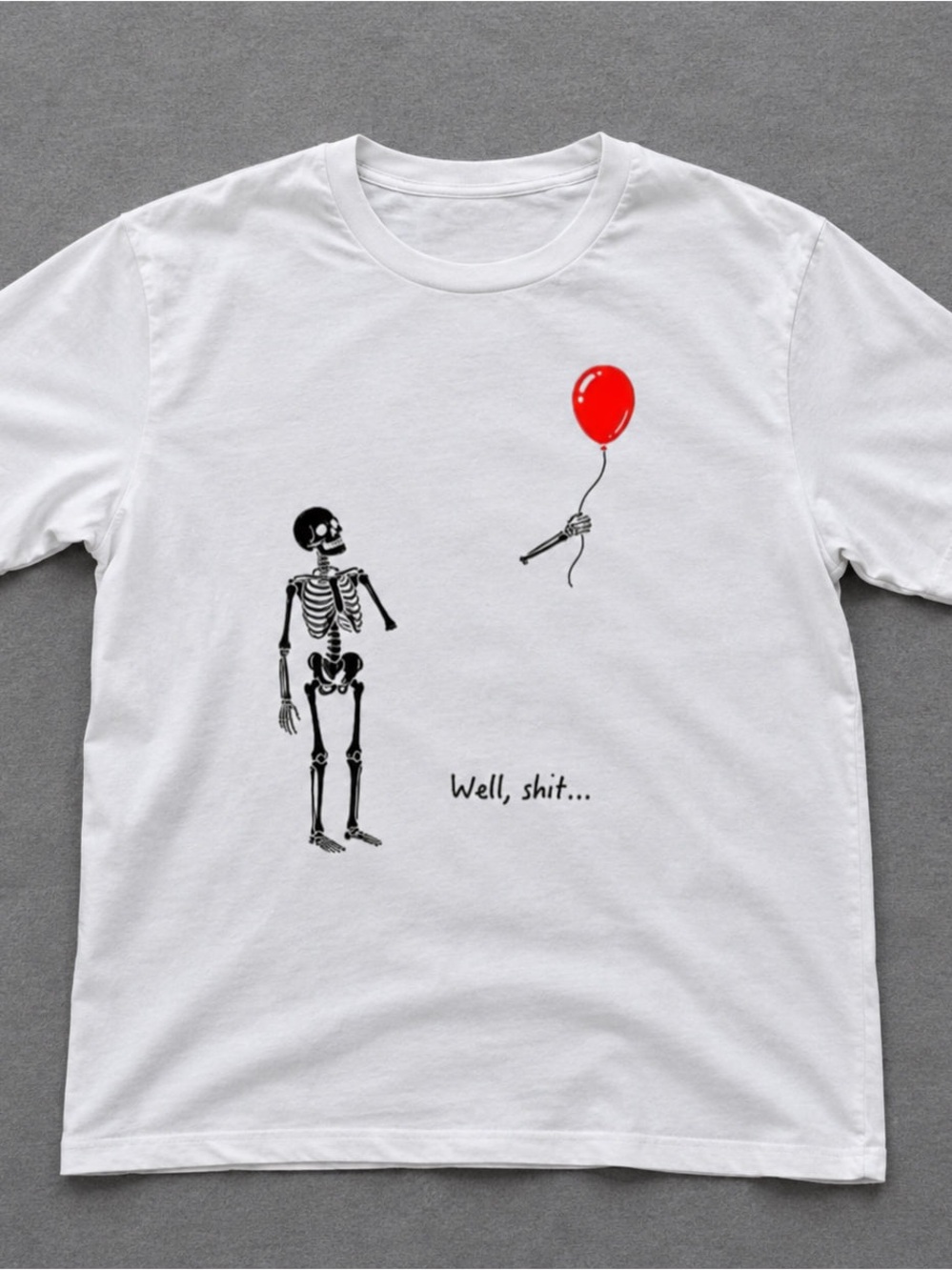 Black Skeleton & Red Balloon Gildan White Tee Graphic